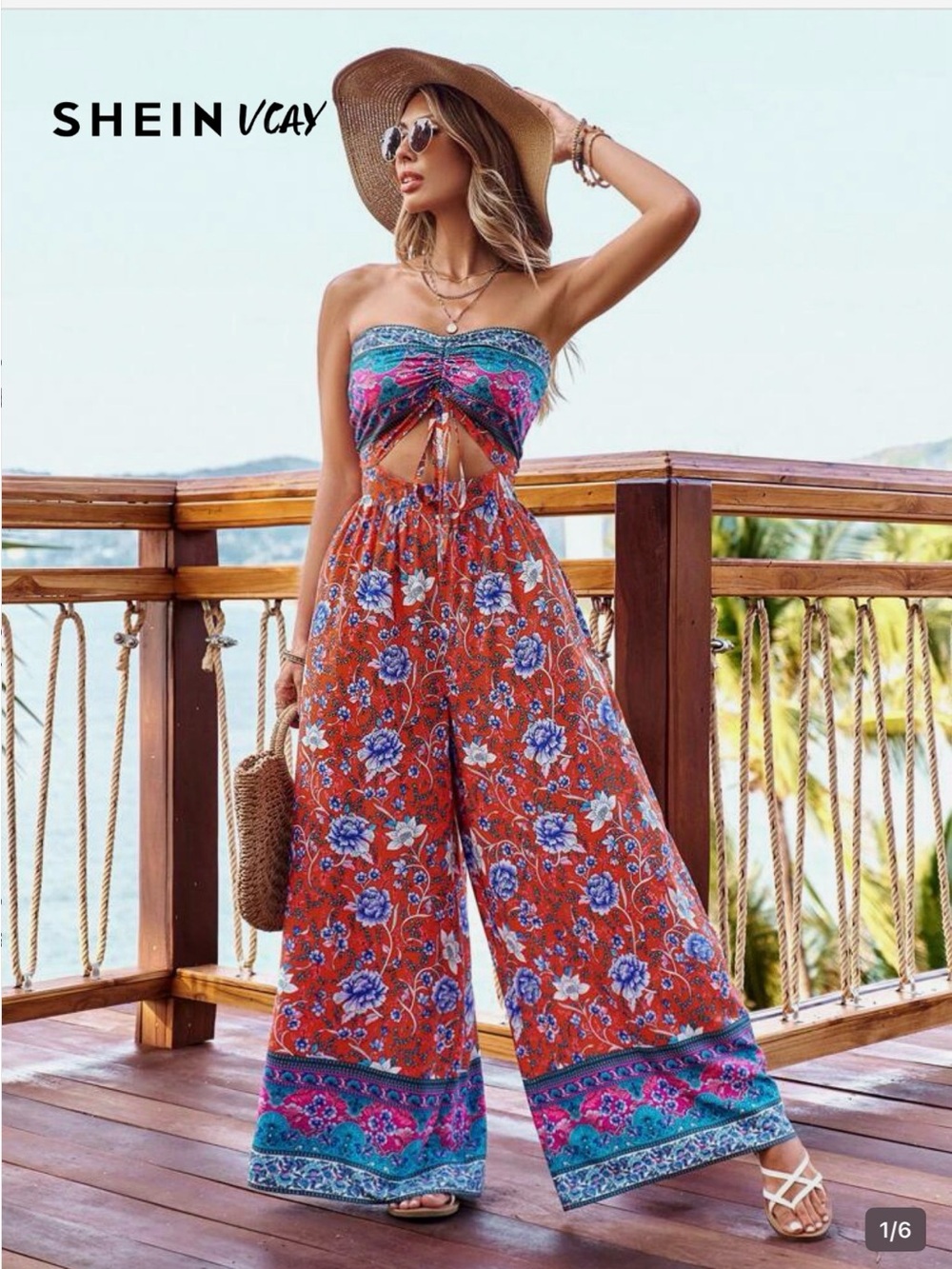 SHEIN Red Floral Strapless Wide-Leg Jumpsuit